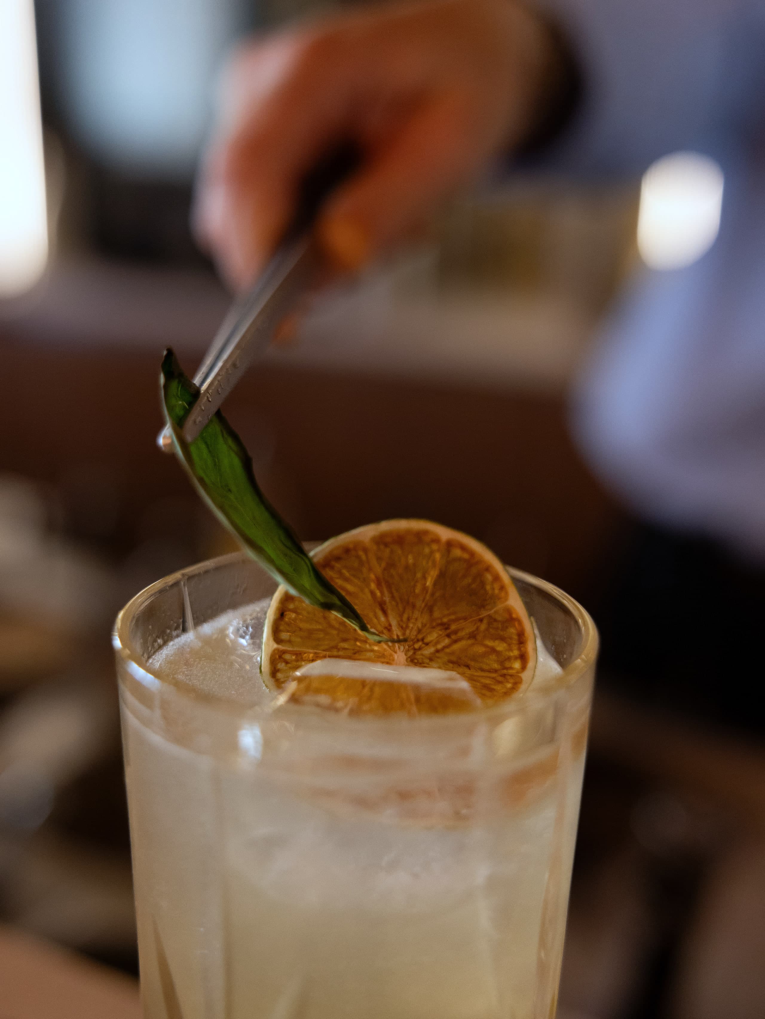 Long drink glacé dressé au bar, une rondelle d’agrume séchée et une feuille posées à la pince